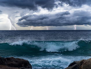 Cyclone and thunderstorm over the Pacific Ocean coast 