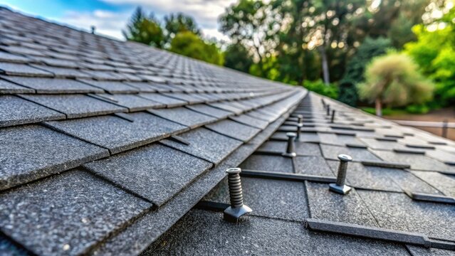Close-up of newly installed dark gray asphalt shingles on a residential roof, with a few loose shingles and roofing nails scattered around.