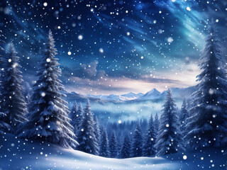 Snowy Winter Banner with Magic Snowflakes and Fir