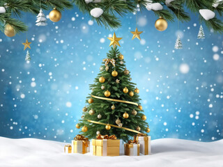 Obraz premium Three Dimensional Pine Tree Banner with Christmas Decorations