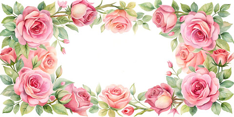 Naklejka premium Background decorated with pink roses, leaves and stems arranged around on a blank white background