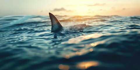 Fototapeta premium Photorealistic Image of Open Ocean with Shark Fin Breaching at Waterline Depth of Field Blur