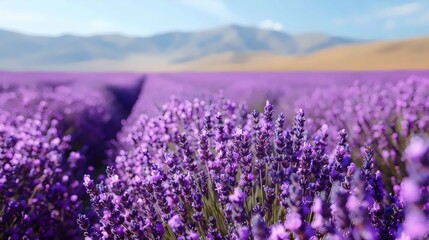A field of lavender flowers with a mountain in the background © Linus