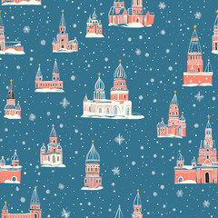 Kremlin style russian buildings and Moscow cityscape in a Flat design illustration seamless pattern. Pastel colors, winter scene