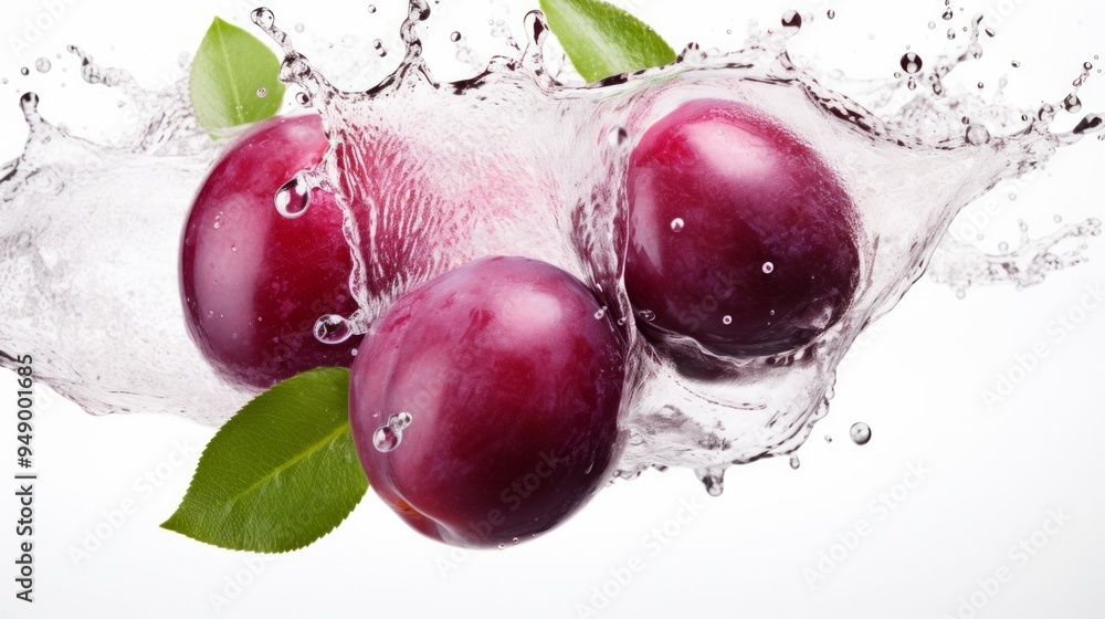 Wall mural splash of water and few purple plums on white background. neural network ai generated art