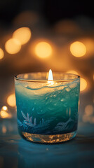 Beautiful Wax Candle With Sea Element Glowing Softly at Night