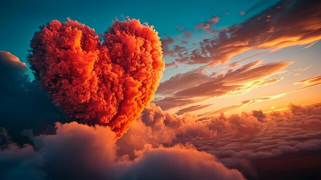 Heart-shaped cloud formation during sunset, surreal landscape. Romantic dreams and nature concept.