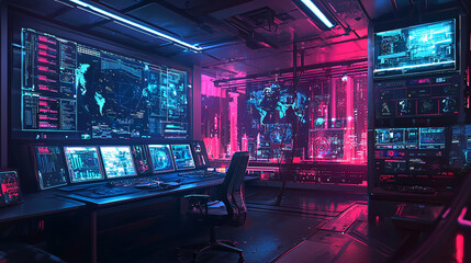 Fototapeta premium Neon-glowing control room with advanced holographic systems and voice-activated technology in a futuristic city, showcasing high-tech innovation 