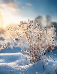 beautiful gentle winter landscape. frozen grass on snowy natural background. winter season, frosty cold weather. Winter background with flowers covered snow crystals glittering in sunlight