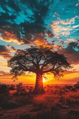 Majestic Baobab Tree Silhouette at Sunset in Vibrant African Landscape