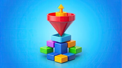 Colorful diagram illustrating a sales funnel concept, with arrows and blocks representing leads, conversion rates, and revenue, set against a bright blue background.