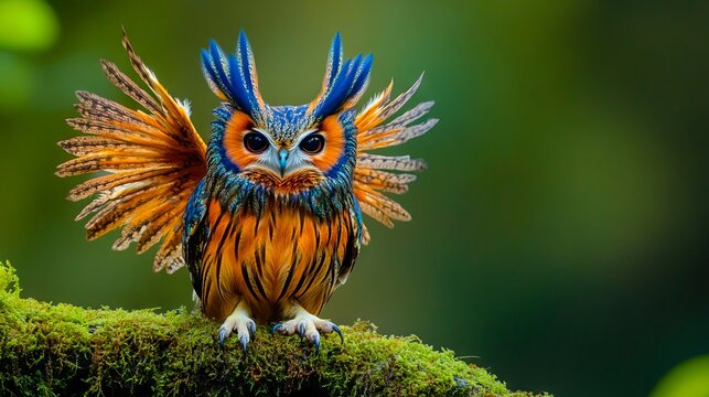 An owl with blue and orange feathers sitting on a moss covered branch