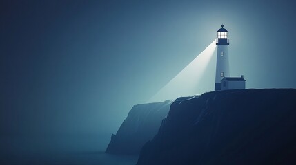 Minimalist design of a lighthouse on a cliff with the light beam subtly illuminating the sea