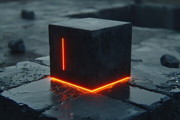Glowing Cube on Dark Surface