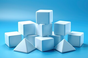 Obraz premium Abstract Minimalist Blue Cubes and Pyramids on a Blue Background