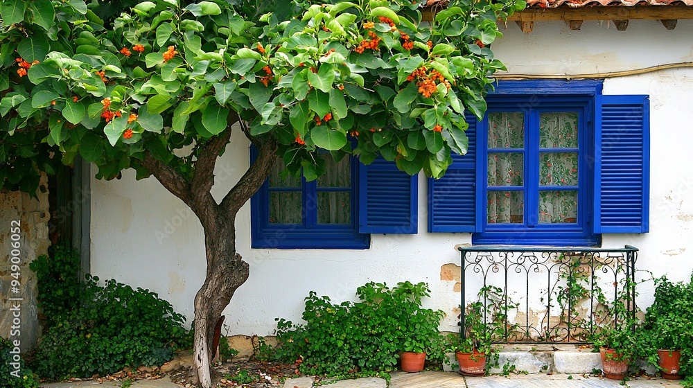 Canvas Prints  A tree in front of a white building with blue shutters and a potted plant in front of it