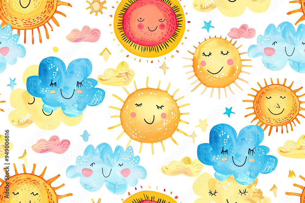 Poster cute clouds and sun in cartoon style. cute and bright pattern with clouds and suns, creating a posit
