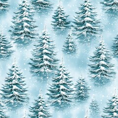 A pattern of snow covered trees on a blue background