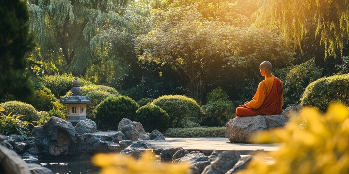 Serene Temple Garden with Meditating Monk