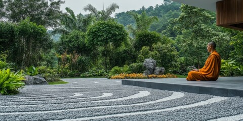 Serene Temple Garden with Meditating Monk
