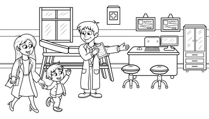 Madre e hijo haciendo una visita al Doctor para realizarse una revisión médica, ilustracion vectorial en blanco y negro.