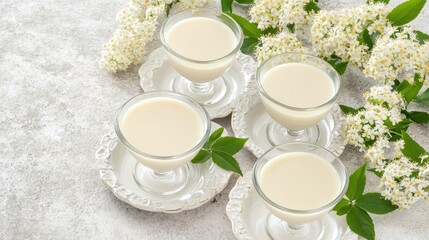 Creamy, no-churn milk panna cotta with elderflower is displayed in glass jars, surrounded by delicate flowers and golden cutlery, all enhanced by soft natural light