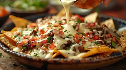 A plate of nachos covered in cheese and tomatoes