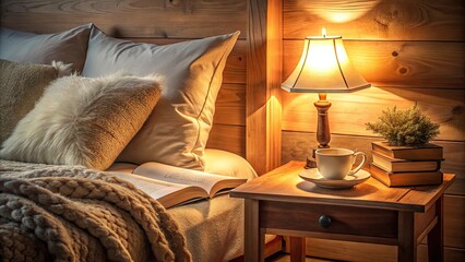 Cozy bedtime setup with plush pillows, soft blanket, and opened book on a wooden bedside table, surrounded by warm dimmed lamp light and tranquil atmosphere.