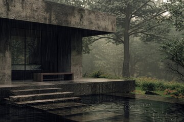 Modern Minimalist Concrete House in the Rain
