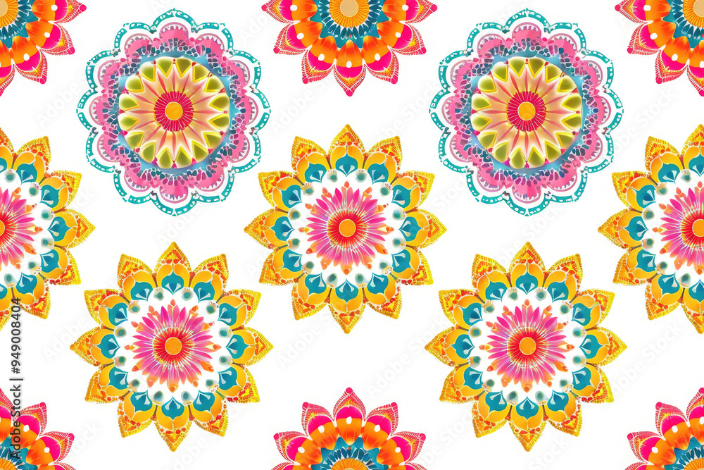 Poster seamless pattern with oriental patterns in the form of patterned circles on a white background
