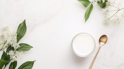Creamy, no-churn milk panna cotta with elderflower is displayed in glass jars, surrounded by delicate flowers and golden cutlery, all enhanced by soft natural light