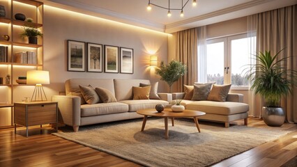Fototapeta premium Cozy living room with warm beige carpet, ambient lighting, and minimalist decor, creating a serene and inviting atmosphere for relaxation and comfort.