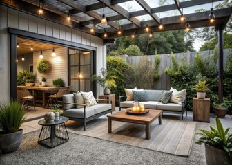 Fototapeta premium Cozy minimalist patio retreat with industrial accents