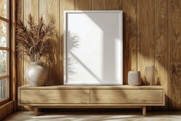 Poster Frame Mockup on Wooden Interior Background created with Generative AI