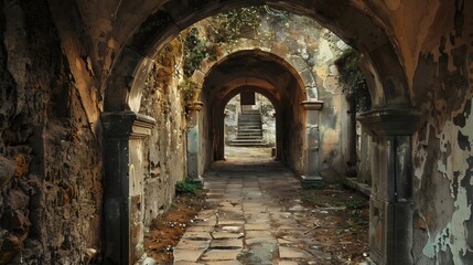 A long, narrow, dark tunnel with a stone archway