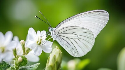 Naklejka premium White Butterfly on White Flowers - A close-up of a white butterfly perched on a white flower, surrounded by lush green foliage