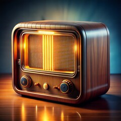 Vintage wooden radio with glowing tubes and retro design illuminated by soft light
