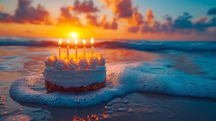 A birthday cake with lit candles sitting on the beach at sunset