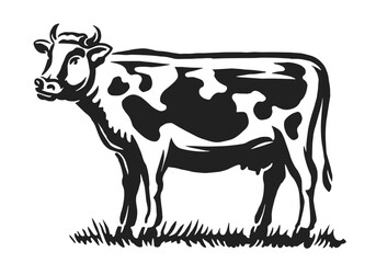 Farm cow standing in a meadow in full growth, side view. Dairy farm, milk, beef concept vector illustration