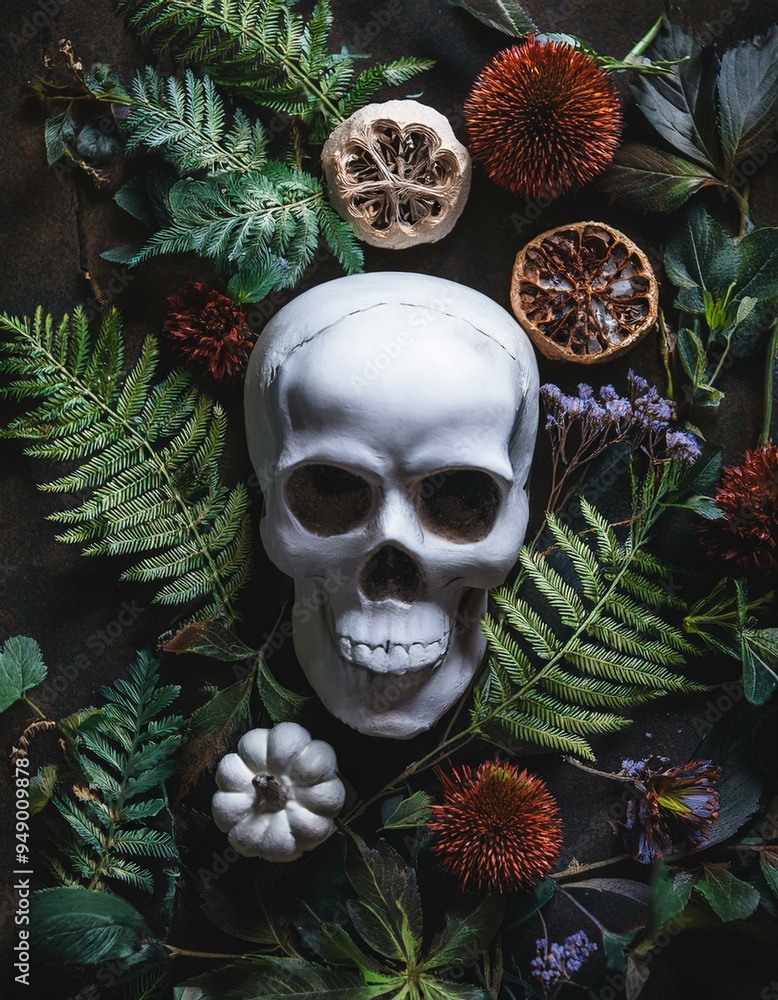 Wall mural decorative human skull on dark natural mystery background. magical esoteric ritual. symbol of hallow