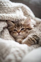 Fototapeta premium Cozy Kitten Relaxing in Soft Blanket - Adorable Feline Comfort