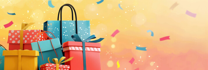 Colorful shopping paper bags and gift boxes on a festive background. Horizontal banner. Copy space. Flat illustration. Summer or Winter Sales, shopping, Black Friday, Cyber Monday. Happy boxing day