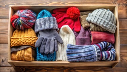 Cozy winter clothing items, including hats, scarves, and gloves, are neatly organized in a box, ready to be donated to those in need during the cold season.