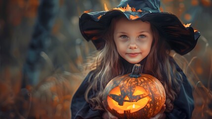 Fototapeta premium Portrait of kid wearing witch halloween costume with pumpkin