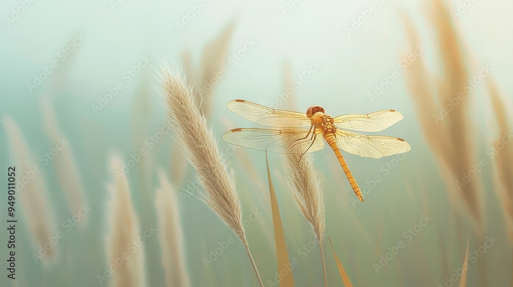 Wall mural   Close-up of a dragonfly on a plant with tall grass in the foreground and a blue sky in the background