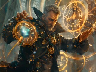 Naklejka premium Time-traveling mage with an ancient time manipulation