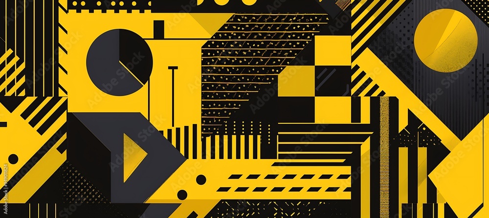 Poster abstract fragments of geometric shapes in a yellow and black background, symbolizing the breaking do