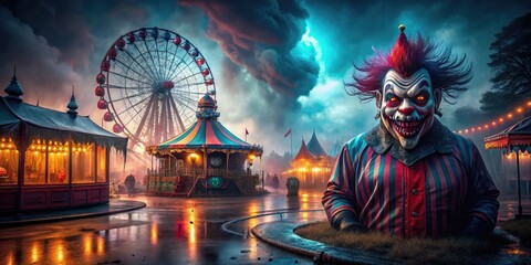 Creepy old carnival haunted funfair dark and misty atmosphere bright neon lights creepy clown makeup concept abandoned fairground party decorations twisted and sinister