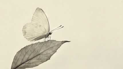 Obraz premium Black-and-white photograph of butterfly perched on leaf against white backdrop, wings spread wide