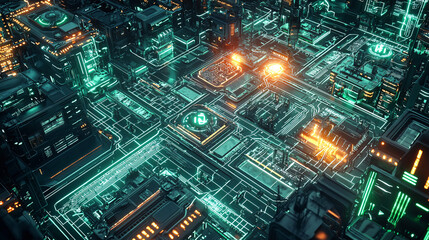 Neon-glowing energy grid powering a futuristic metropolis, showcasing technological advancement and sustainable urban development 